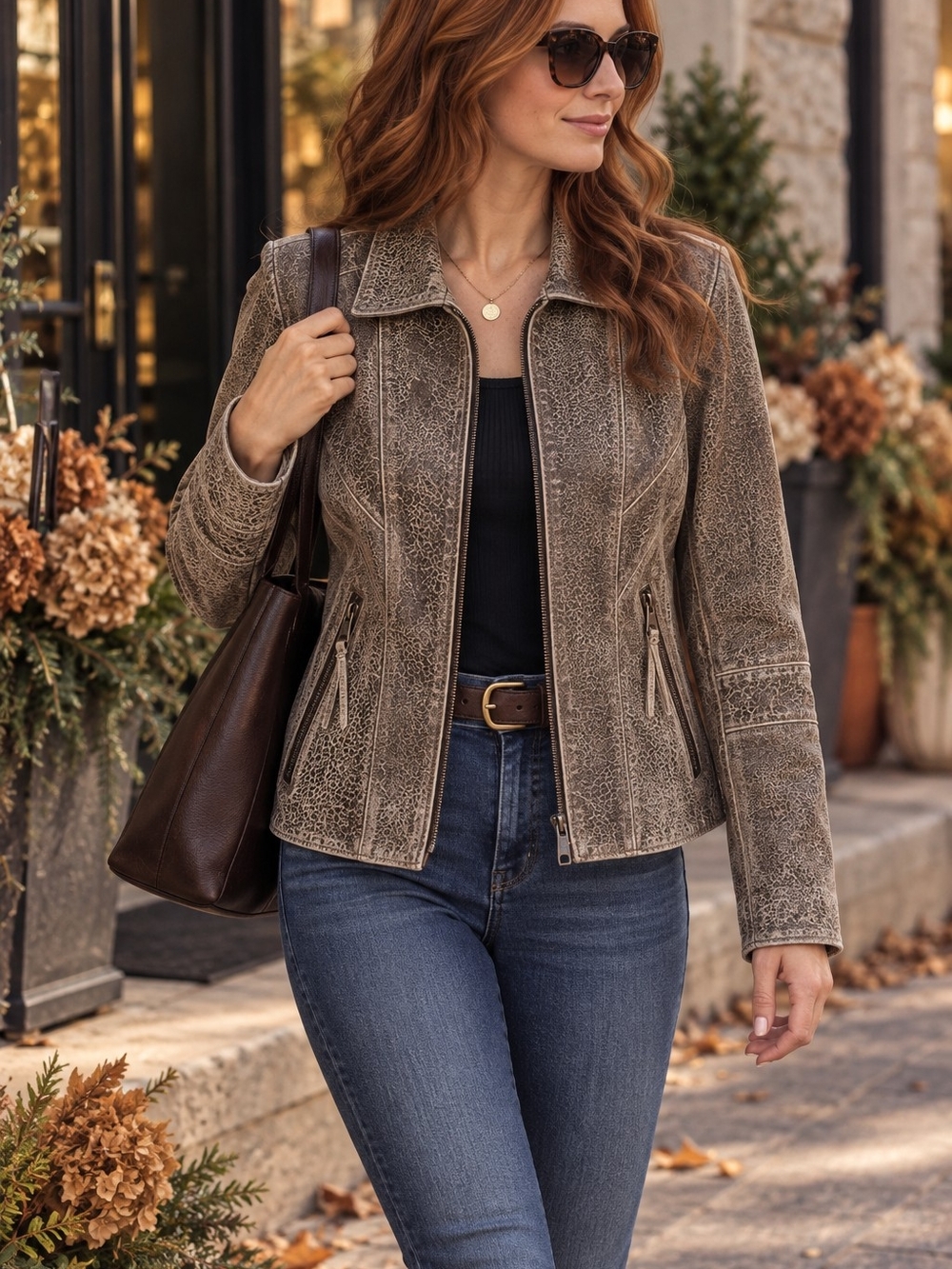 Distressed Brown Leather Zip-Front Jacket